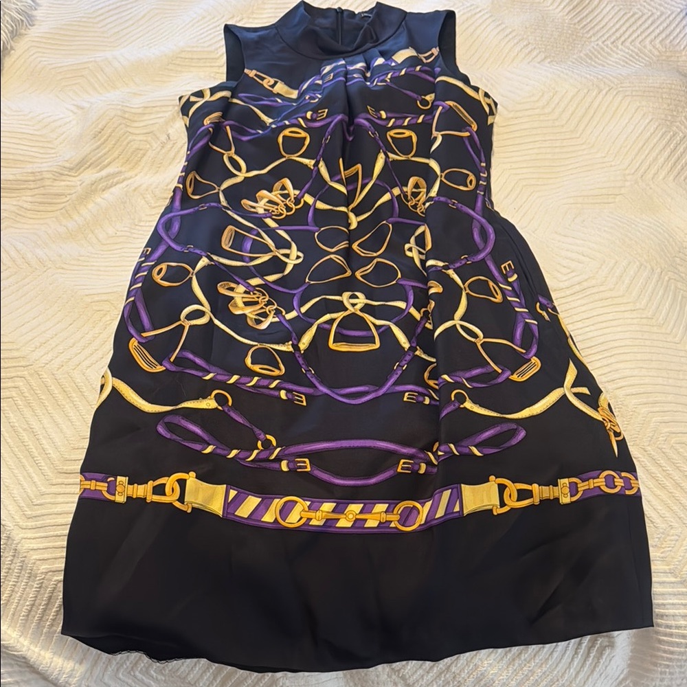 J. McLaughlin Black Dress with Purple and Gold Chain Design